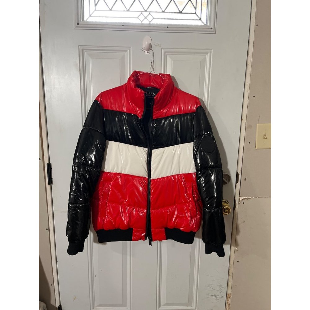 Boohoo Man red white black striped zippered puffer jacket size medium